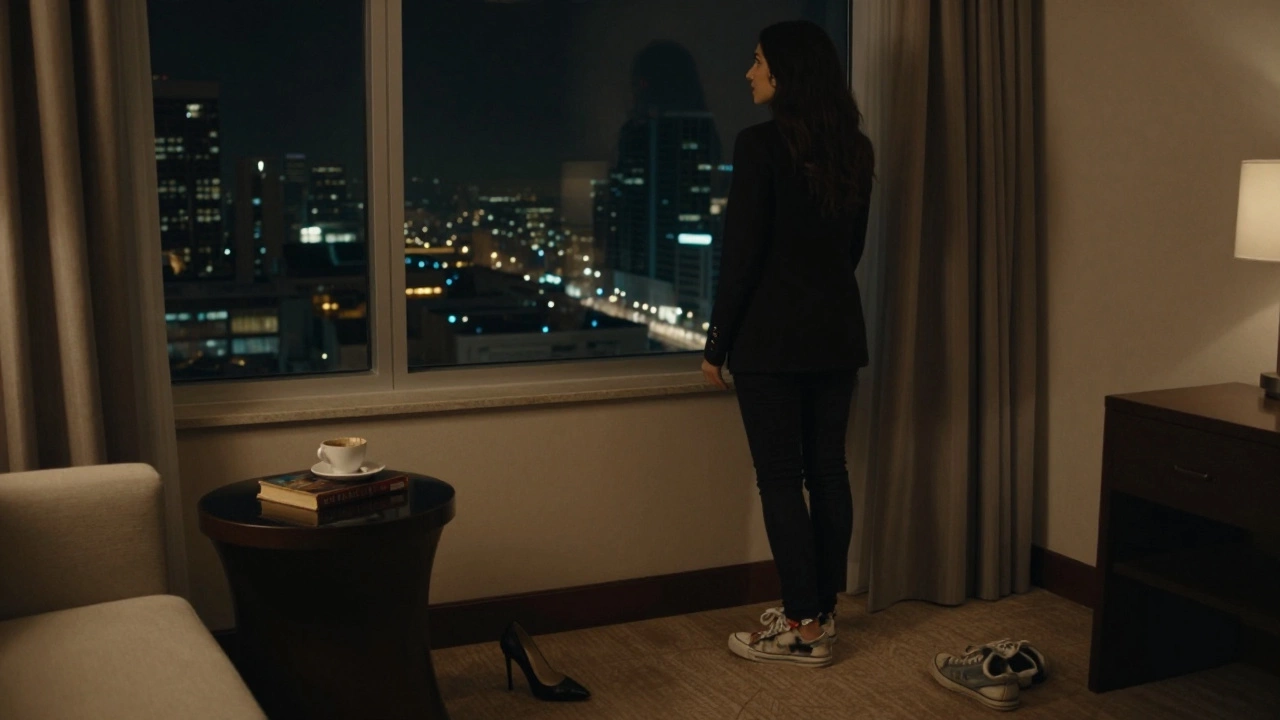 Lucia gazing out a hotel window in Dubai, quiet and composed, no signs of performance.