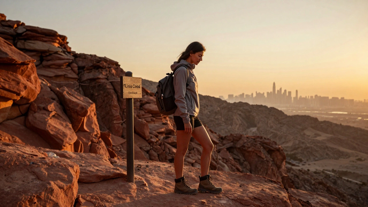 Lucia hiking alone in the Hajar Mountains at sunrise, grounded and free.